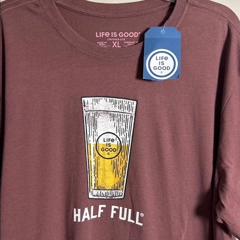 NWT Life is Good Beer Half Full Crusher lite brown T-Shirt Size XL 100% Cotton - Picture 2 of 12